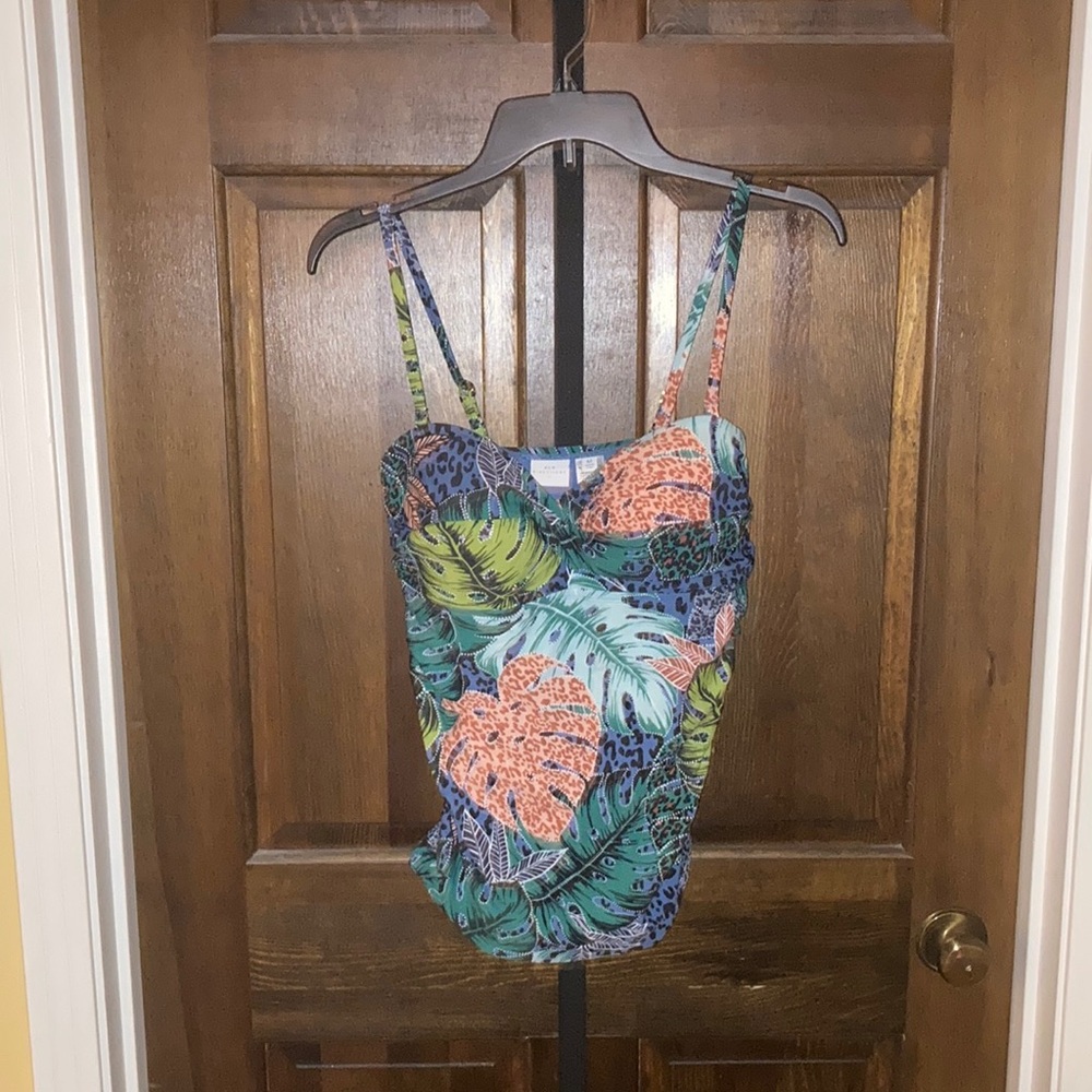 New Directions Blue, Orange, & Green Tankini Swimsuit Tropical Print Top